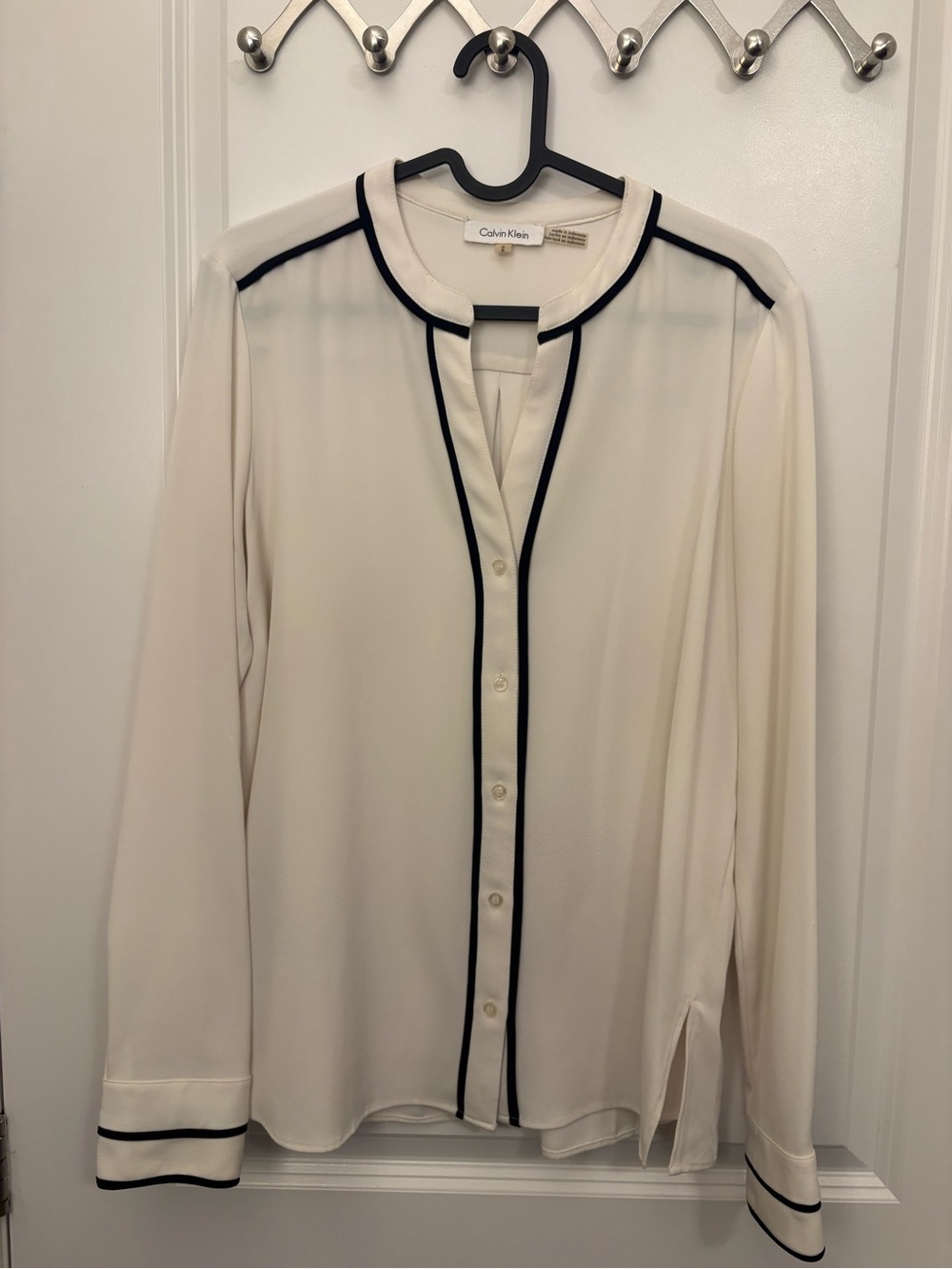 Calvin Klein Cream Blouse with Black Contrast Trim